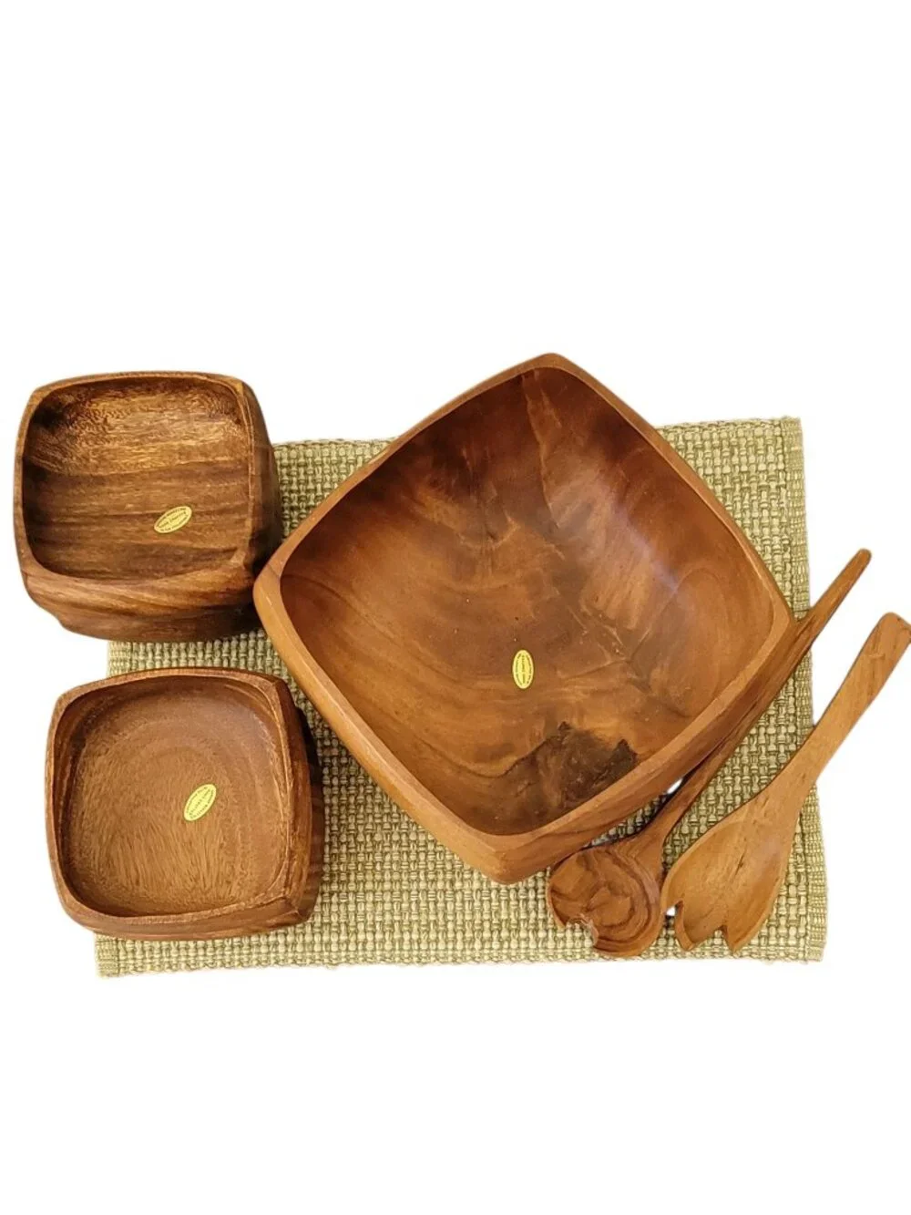 Vintage Monkey Pod Wood Salad Bowl Set Philippines Hand Carved 7 Pc MCM Tiki
